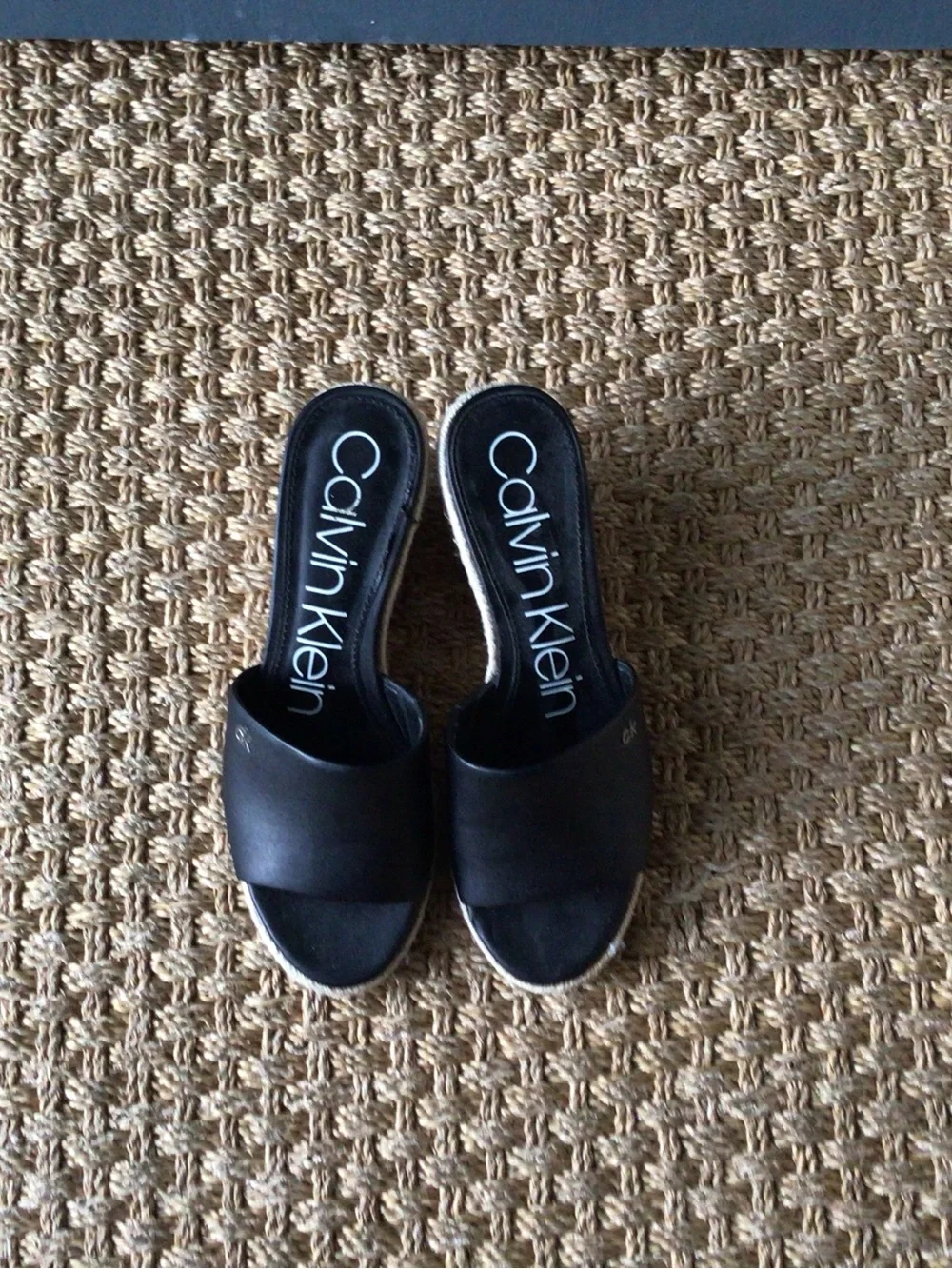Calvin Klein Bandera Black Vegan Leather Espadrille Wedge Slides